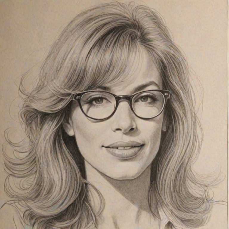 Dazzling Carly Simon, pencil sketch, portrait of Superb woman 1956s in glasses, hair style beatnik, outline, clear lines, fine lines, 8k