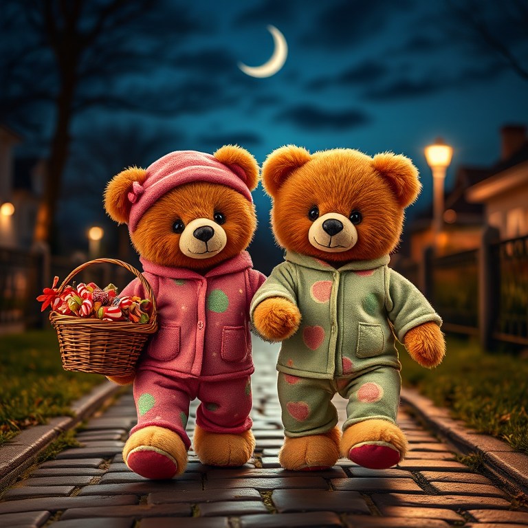 Two cute teddy bears wearing colorful pajamas, one holding a basket of candy, walking together on a cobblestone path under a night sky with a crescent moon, shot with a Canon EOS R5, aperture f/2.8, ISO 200, 24mm lens, soft focus, and high dynamic range.