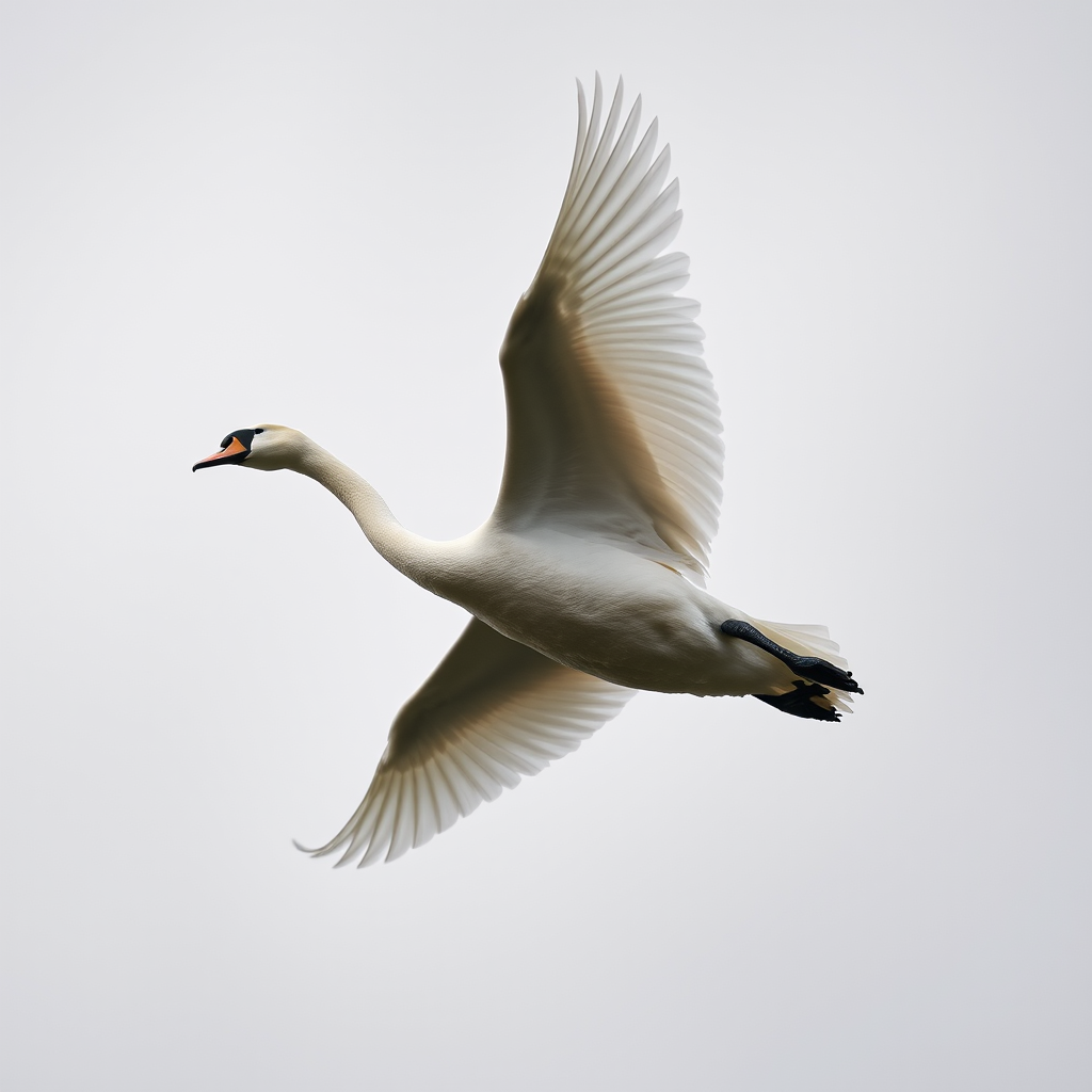 A majestic swan in mid-flight against a soft gray sky, captured with a DSLR camera, 200mm lens, f/5.6 aperture, ISO 400, shutter speed 1/1000s, top-down view, high dynamic range for enhanced clarity and color balance.