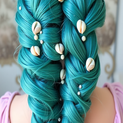 Mystical teal mermaid braid dubbed "Siren's Song" incorporates an intricate five-strand plait adorned with tiny seashells and shimmering aquamarine highlights