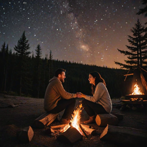 Warm, intimate photo of a couple sitting by a campfire under the stars, soft glow from the flames illuminating their faces, distant constellations twinkling above, the smell of burning wood and the soft crackle of the fire filling the air.
