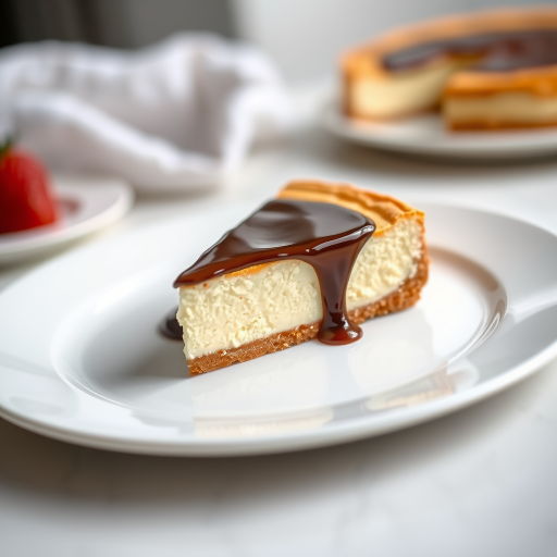 Create an image of a slice of cheesecake topped with chocolate sauce on a white plate, captured with a Canon EOS R5, 50mm lens, f/1.8 aperture, ISO 100, natural lighting, and a shallow depth of field for a soft background.