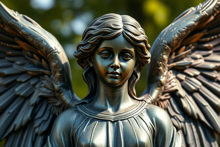 regenerate a high-resolution image of a bronze angel statue with detailed wings and serene expression, using a DSLR camera at f/2.8 aperture, ISO 100, 50mm lens, with portrait mode and natural lighting to enhance texture and clarity.