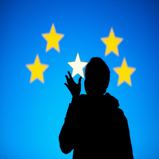Create an image of a silhouette of a person reaching out to touch a yellow star, with a vibrant blue gradient background featuring four empty stars, shot with a Canon EOS R5, aperture f/2.8, shutter speed 1/125, ISO 100, in landscape view, using a soft focus style.