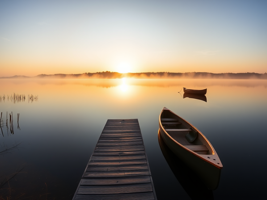 Tranquil lakeside scene, with a wooden dock extending into the water, a canoe gently bobbing in the calm lake, and mist rising from the surface as the sun rises in the background.