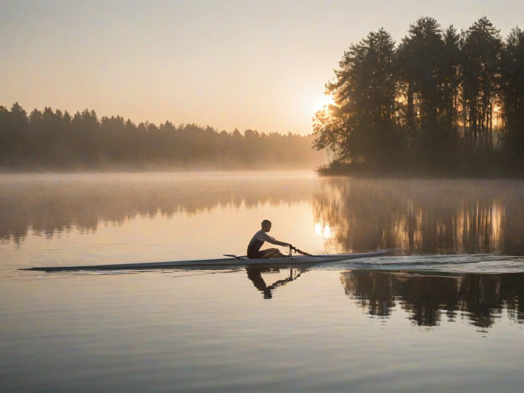 Blurry action shot of a rower slicing through calm water at dawn, soft morning mist rising from the lake, with distant trees reflected in the still surface and soft light from the rising sun illuminating the scene.
