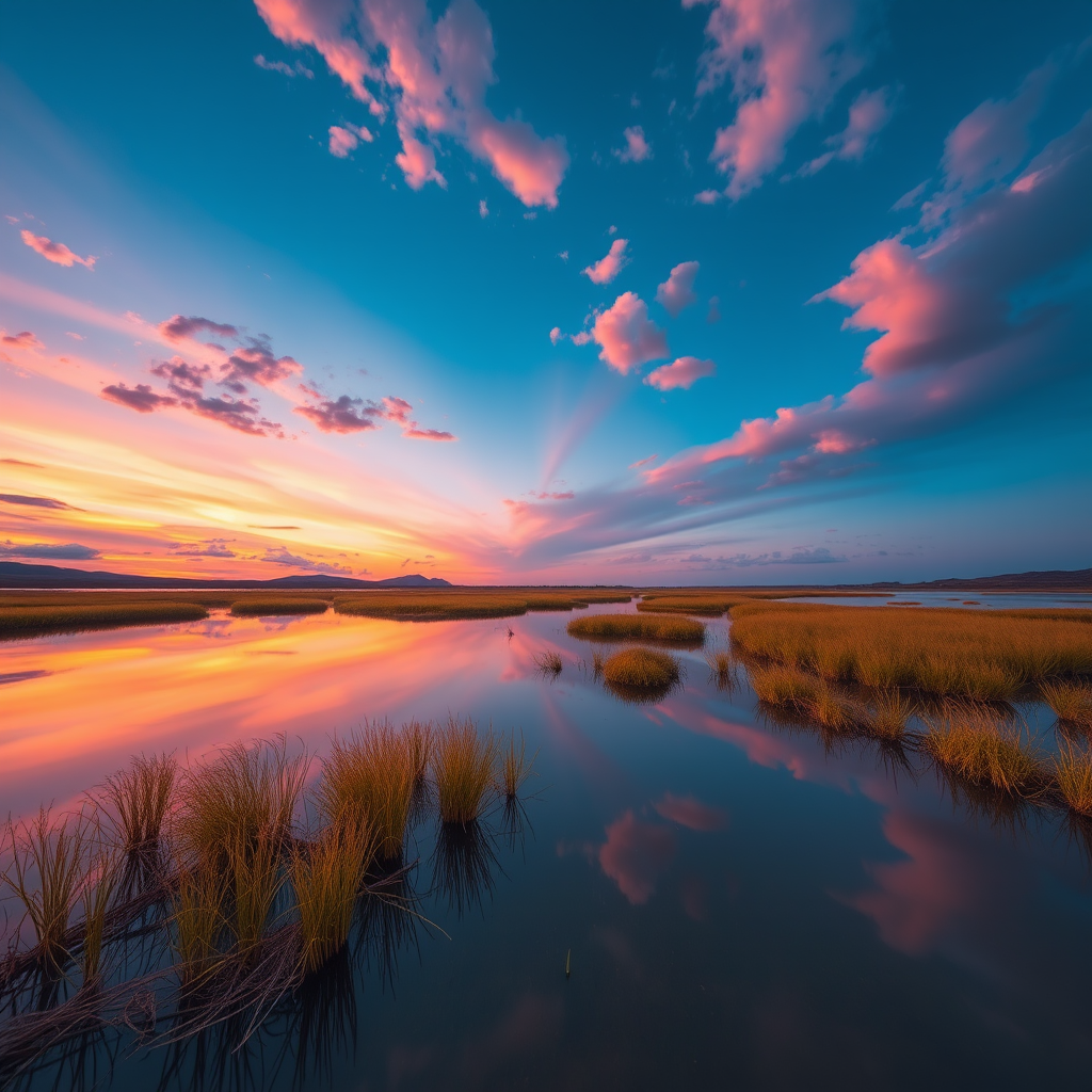Generate a highly detailed image of a serene landscape at sunset, capturing vibrant colors and reflections in a calm water body, shot with a Canon EOS R5, 24mm lens, f/11 aperture, 1/125 sec shutter speed, ISO 100, using a wide-angle view and natural lighting for enhanced depth and clarity.