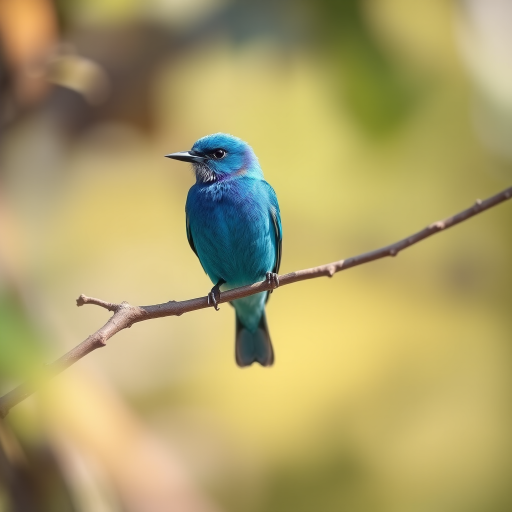 Capture a vibrant blue bird perched on a tree branch in soft focus, with a shallow depth of field, using a Canon EOS 5D Mark IV, 70mm f/2.8 lens, aperture set at f/2.8, ISO 100, shutter speed 1/200 sec, natural sunlight, slightly overexposed for a dreamy effect.