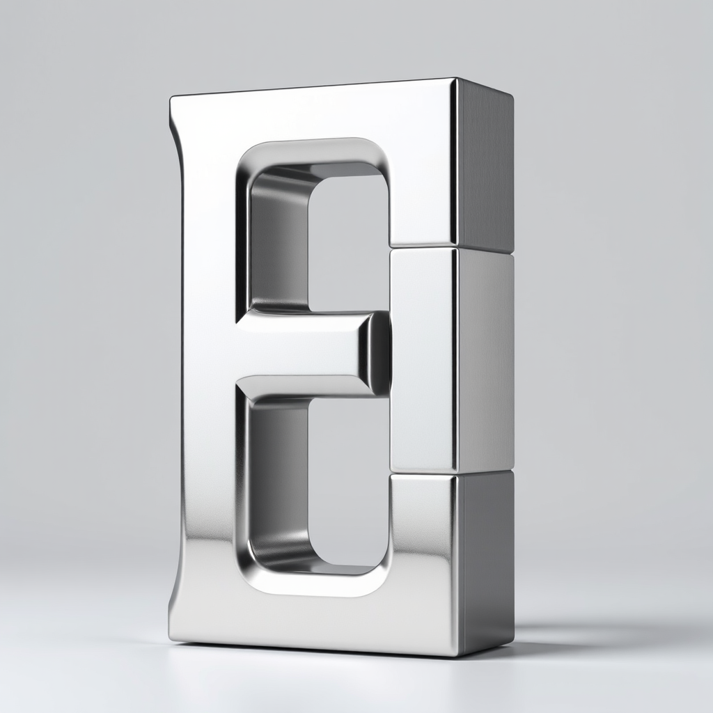 Create a metallic letter "E" with a shiny silver finish, high resolution, 35mm lens, f/2.8 aperture, shallow depth of field, front view, studio lighting, digital camera.