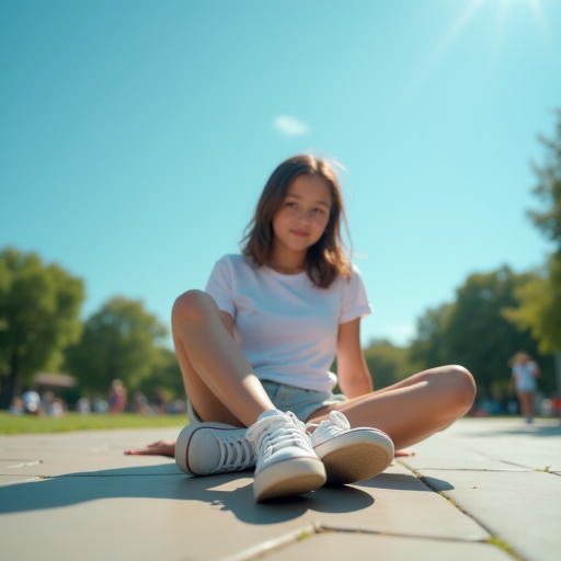 Generate an ultra-realistic, highly detailed, high-definition photograph. It's a photo of a girl sitting on the floor. She's looking at the horizon. The photo is taken from the bottom up, at ground level. The girl's sneakers are in the foreground, in the center of the scene. The girl is wearing light clothes, a t-shirt and short shorts. The sky is blue. Bright environment. The background is a blurred image of a park.
