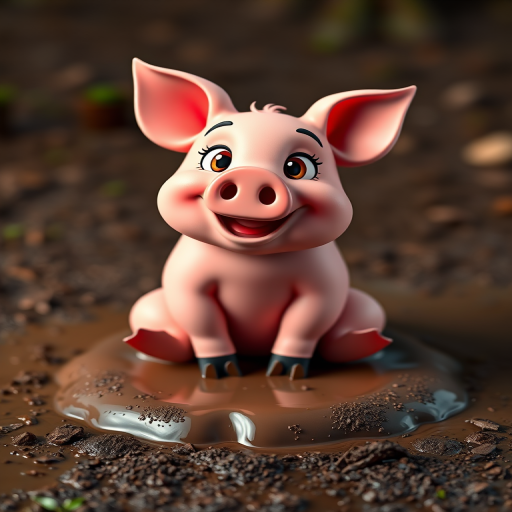 Create a 3D cartoon pig character sitting on a muddy puddle, cheerful expression, vibrant colors, soft shadows, high resolution, 50mm lens, f/2.8 aperture, 1/125s shutter speed, studio lighting, DSLR camera.