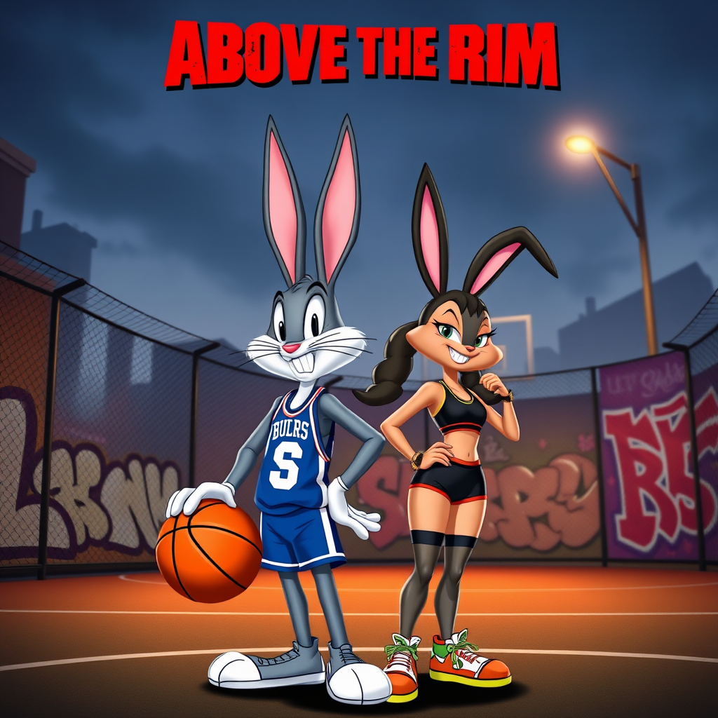 Design an Above the Rim poster featuring Bugs Bunny as Kyle and Lola Bunny as Shep. Bugs is dressed in a basketball jersey and shorts, holding a basketball with a confident expression, while Lola stands beside him in athletic gear, looking determined. The background features an urban basketball court with a wire fence, streetlights, and graffiti. The title "Above the Rim" appears in bold red letters at the top, keeping the original street basketball vibe