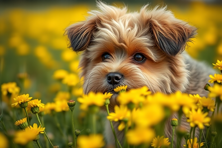 A close-up of a fluffy dog in a field of yellow flowers, shot with a Canon EOS 5D Mark IV, 50mm lens, aperture f/2.8, ISO 100, natural light, shallow depth of field for a soft background.