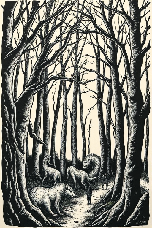 Woodcut-style tattoo titled "Mythic Grove" featuring a detailed forest scene with mythical creatures hidden among the trees, using bold black lines and crosshatching to create texture and depth