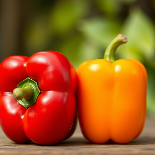 render a realistic image of a red bell pepper and two orange bell peppers side by side with a soft focus background, use a Canon EOS 5D Mark IV, aperture f/8, shutter speed 1/60 sec, ISO 200, 50mm lens, natural lighting