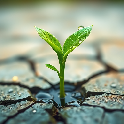 Create a vibrant illustration of a green plant sprouting from cracked ground with water droplets on its leaves, using a soft focus effect; camera settings: f/4, ISO 100, shutter speed 1/200; camera view: close-up; camera style: digital art; camera type: DSLR.