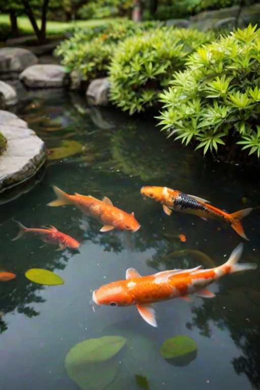 Soft-focus image of a tranquil koi pond in a Japanese garden, with colorful fish swimming beneath the surface, soft reflections of trees creating a serene atmosphere.