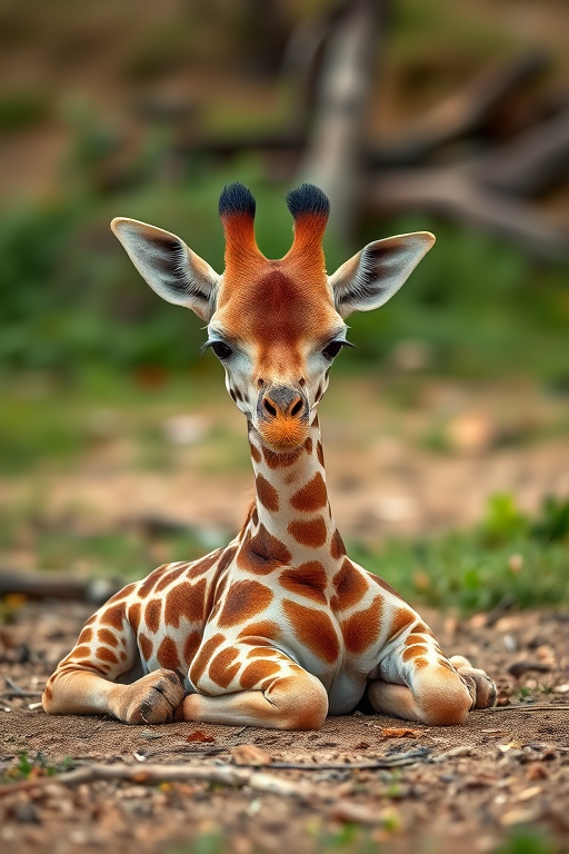 Create an image of a baby giraffe lying down in a natural setting, using a DSLR camera at f/2.8, ISO 100, 50mm lens, with a shallow depth of field for a soft background blur and vibrant colors.