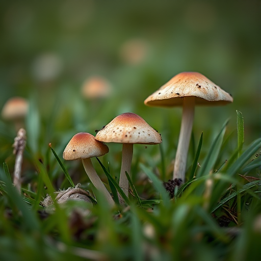 Capture a close-up image of three mushrooms growing in a grassy field, using a DSLR camera with a 50mm f/2.8 lens, aperture set to f/4 for a shallow depth of field, ISO 100 for clarity, and a shallow focus that highlights the textures of the mushrooms while softly blurring the background.