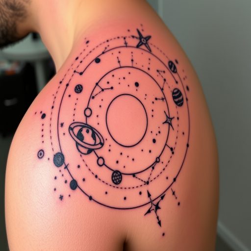 Cosmic dotwork tattoo showcasing a detailed solar system with planets and constellations, gradually fading into the skin to create the illusion of infinite space