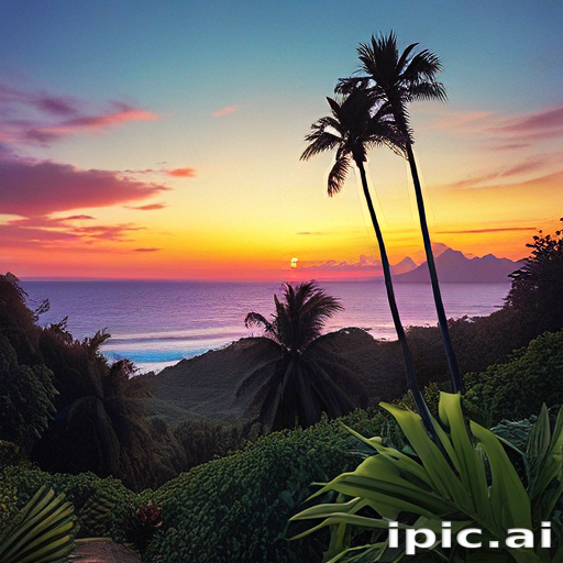 Stunning Tropical Sunset Over Ocean with Palm Trees and Lush Greenery