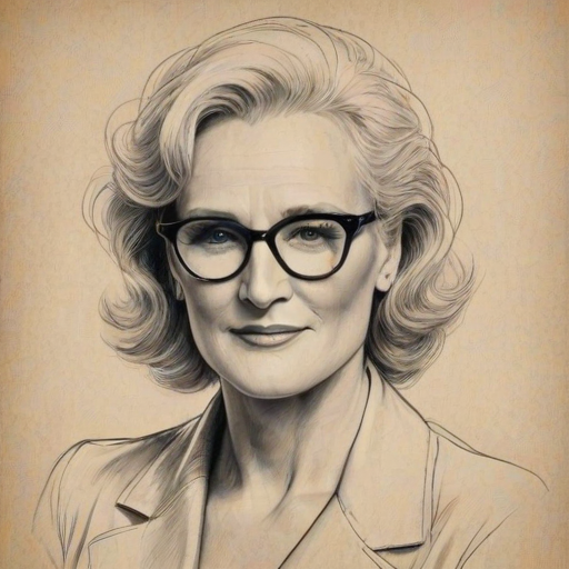 Dazzling Glenn Close, pencil sketch, portrait of Pleasing woman 1946s in glasses, hair style beatnik, outline, clear lines, fine lines, 8k