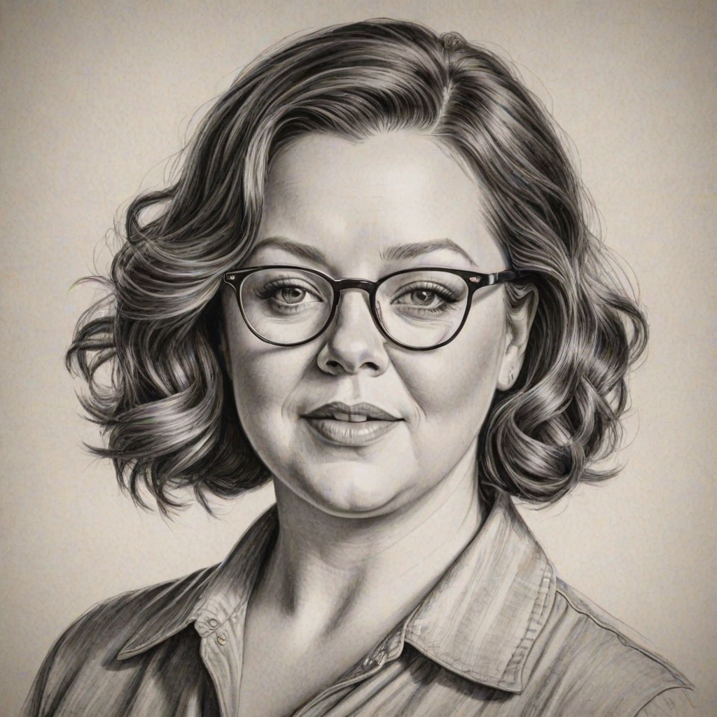 Radiant Melissa McCarthy, pencil sketch, portrait of Resplendent woman 1932s in glasses, hair style beatnik, outline, clear lines, fine lines, 8k