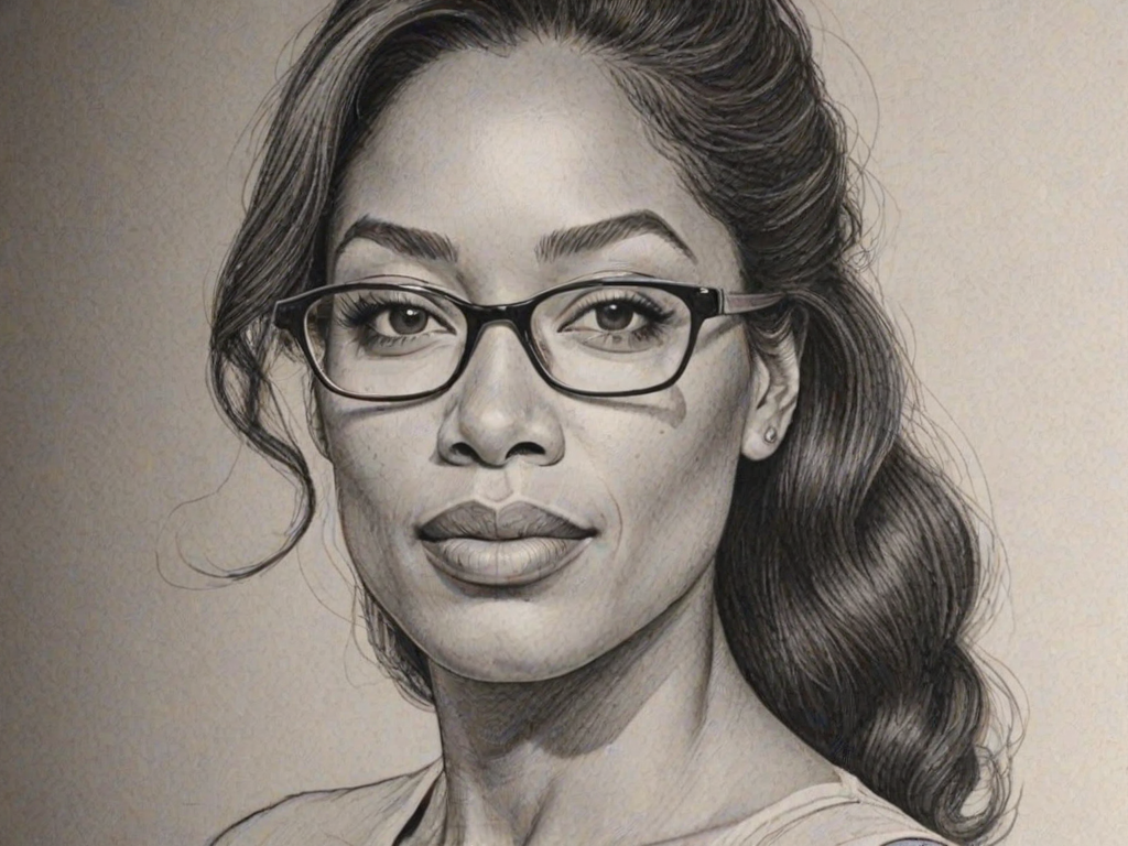 Captivating Gina Torres, pencil sketch, portrait of Beauteous woman 1962s in glasses, hair style beatnik, outline, clear lines, fine lines, 8k