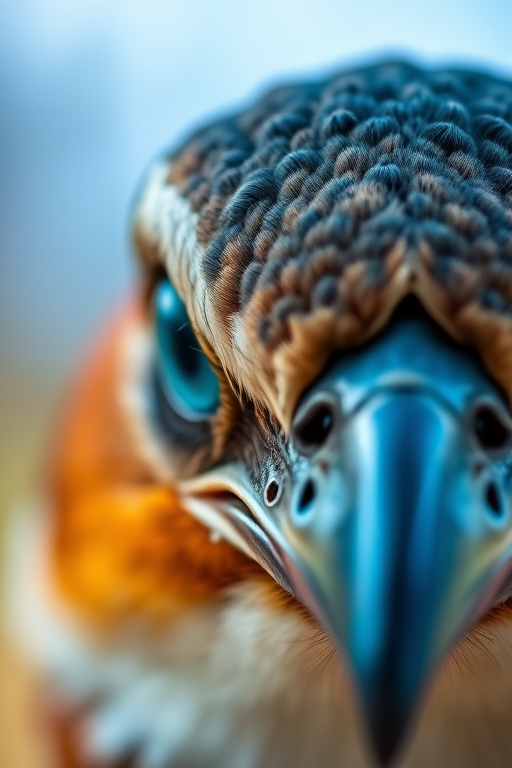 Close-up shot of a bird with striking blue eyes, using a macro lens, aperture f/2.8, ISO 100, shutter speed 1/500s, natural lighting, captured with a DSLR camera from a low angle to enhance detail and vibrancy.