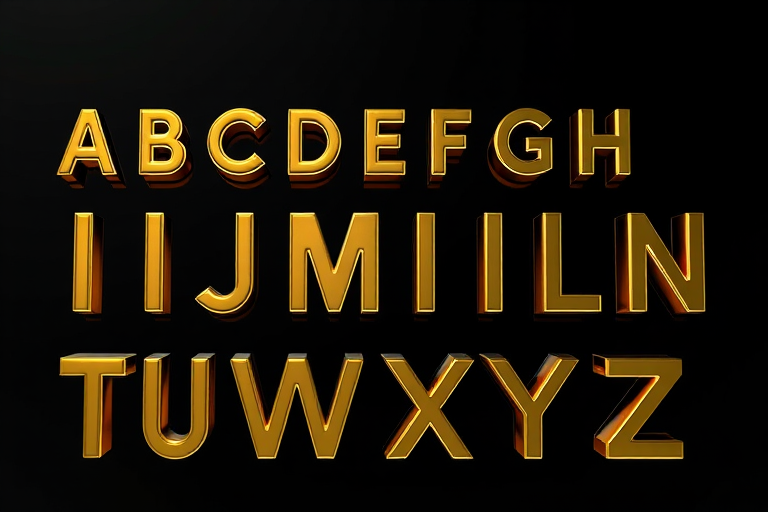 Regenerate a glossy, 3D-rendered alphabet set in uppercase, with vibrant gold outlines on a black background, using a DSLR camera at f/2.8 aperture, ISO 100, 50mm lens, and a top-down view for enhanced clarity and depth.