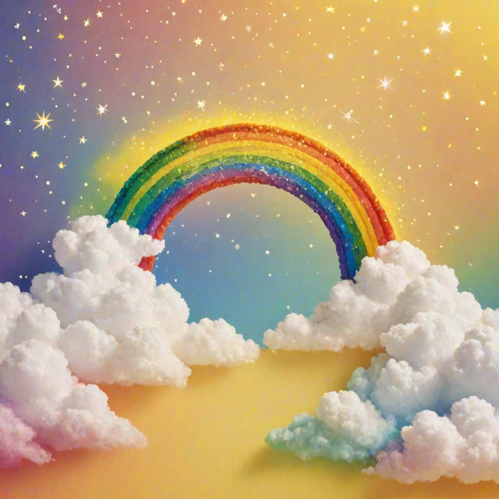 a bright yellow background with fluffy white clouds at the top and a colorful rainbow arching from the bottom left corner, decorated with sparkling stars