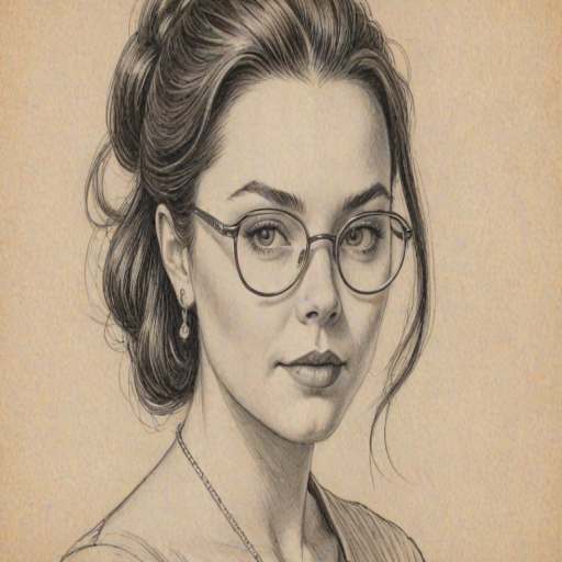 Comely Amy Lee, pencil sketch, portrait of Attractive woman 1956s in glasses, hair style beatnik, outline, clear lines, fine lines, 8k