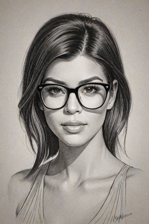 Enchanting Kourtney Kardashian, pencil sketch, portrait of Radiant woman 1928s in glasses, hair style beatnik, outline, clear lines, fine lines, 8k