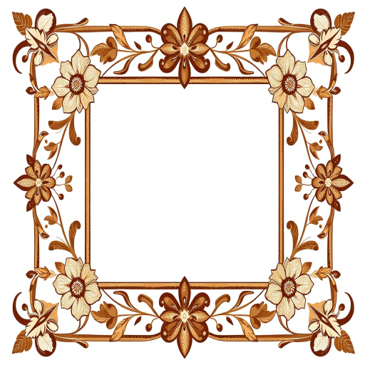 Create a high-resolution digital illustration of a decorative frame with intricate designs featuring flowers, leaves, and abstract shapes in earthy brown and cream colors, shot with a DSLR camera, 50mm lens, f/2.8 aperture, 1/125 sec shutter speed, and natural soft lighting to enhance texture and detail.