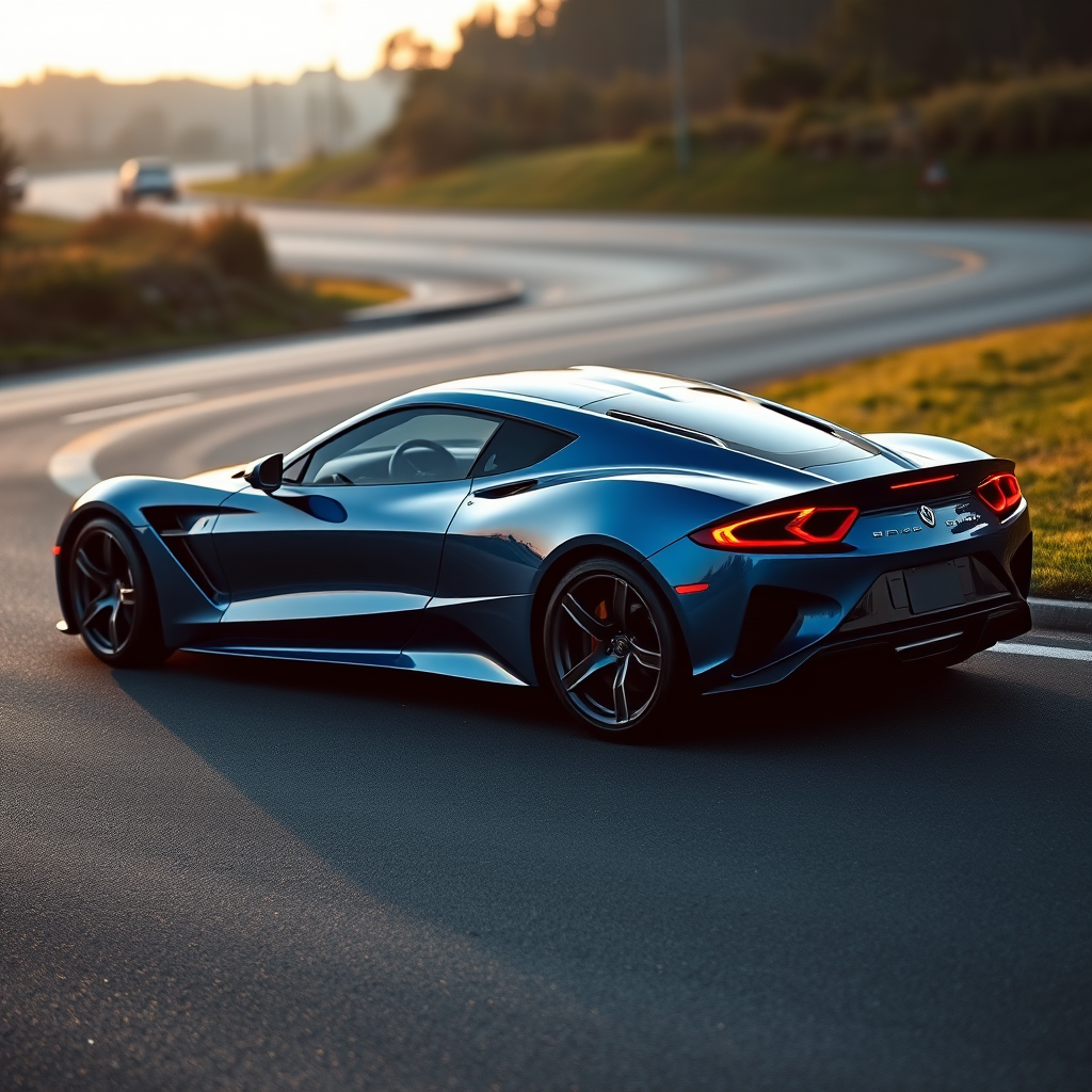 Generate an image of a luxury sports car parked on the side of a road during what appears to be dawn or dusk, given the soft light and shadows. The car should have a sleek design with aerodynamic features, a low-profile stance, and large, alloy wheels. It should display a contemporary color scheme, possibly a unique shade of blue that matches well with the ambient light in the setting. The vehicle's bodywork should gleam, reflecting the surrounding environment, and it should have distinctive lighting accents that enhance its sporty appearance. In the background, there should be a roadside with a grassy embankment on one side and possibly some trees or shrubbery along the edge of the pavement. The overall mood of the image should convey a sense of luxury, speed, and the tranquility of an early morning or late evening drive.