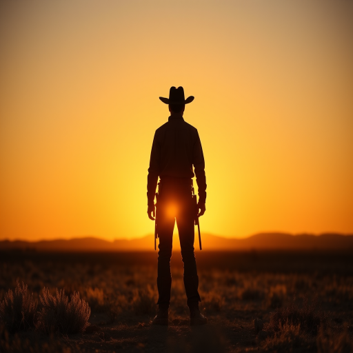 cowboy silhouette against a sunset, western landscape, lens aperture f/2.8, shutter speed 1/1000 sec, ISO 200, shot with a DSLR camera, golden hour lighting, low angle view, cinematic style