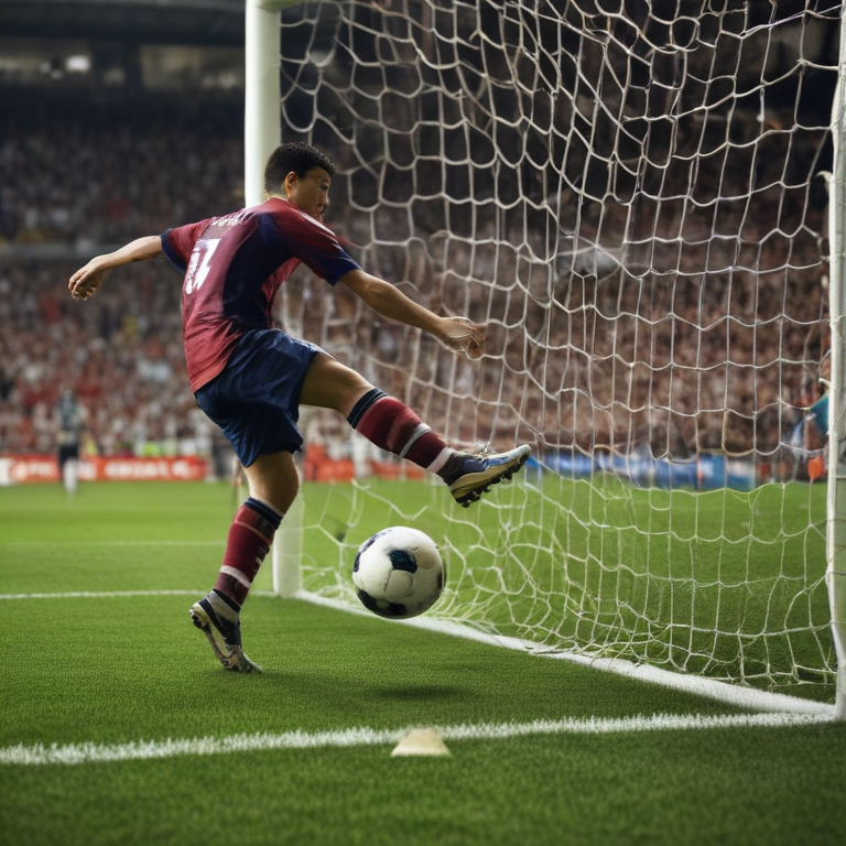 Exciting Moment in Soccer: Player Kicks Ball into the Goal Net