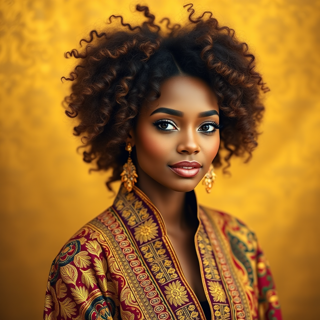 Create a portrait of a woman with voluminous curly hair wearing an ornate golden and colorful patterned outfit against a vibrant golden background, captured with a Canon EOS R5, 50mm lens, f/1.8 aperture, ISO 100, natural lighting, and a shallow depth of field to enhance detail and richness in color.