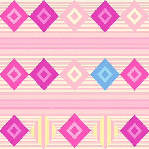 create a seamless pattern of colorful diamonds in pink, purple, yellow, and light blue with horizontal and vertical striped variations, shot with a Canon EOS R5, 50mm lens, f/8 aperture, 1/250 sec shutter speed, ISO 100, in bright natural lighting, top-down view, with high saturation and clarity.