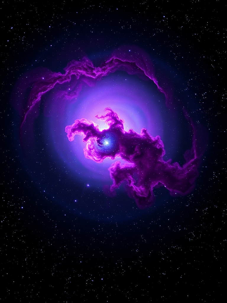 A vibrant cosmic nebula with swirling colors of purple and blue against a black background, intricate details in the stars, captured with a DSLR camera at f/2.8, ISO 800, 30 seconds exposure, wide-angle lens, long exposure style.