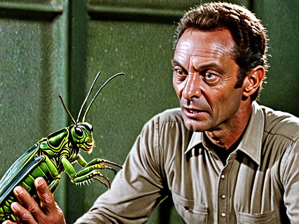 alien feeds a man with a cricket