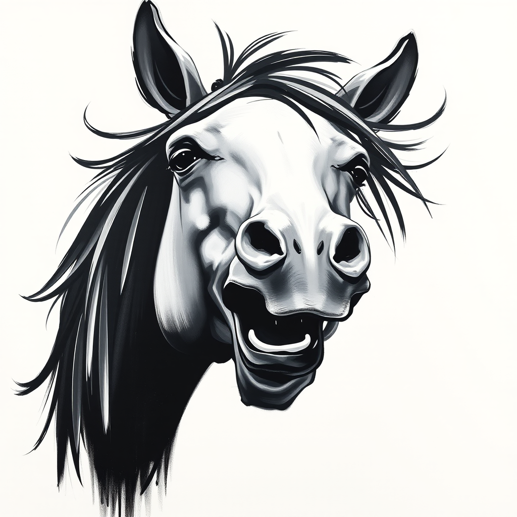 Abstract black and white acrylic portrait of an over exaggerated laughing (horse). Minimalism style. White background.