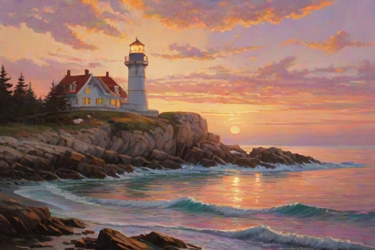 Generate an image of a tall lighthouse perched on a rocky outcrop surrounded by calm ocean waters during a breathtaking sunset. The lighthouse stands sturdy and weathered, its stone surface illuminated by the warm golden light of the setting sun. The sun's rays pass directly through the glass lantern room at the top of the lighthouse, casting a brilliant light across the scene. The sky is painted with vibrant shades of orange, pink, and purple, reflecting off the tranquil sea. The surrounding water shimmers with the same warm hues, creating a serene and majestic atmosphere.