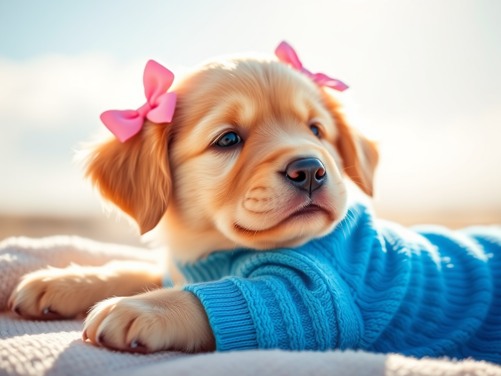 A cute golden retriever puppy with pink bows on its ears wearing a blue sweater resting on a soft surface with a bright sky in the background.