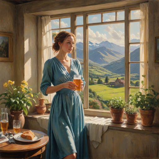 In "A Glass of Beer on the Highland," a serene scene is depicted in a sunlit room where a woman in a vibrant blue dress stands by a large window. She holds a tray with a hearty meal and a frothy glass of beer, embodying a moment of relaxation. Outside, the breathtaking highland landscape features rolling green hills and a charming traditional house, all bathed in warm afternoon light. The interior is adorned with potted plants, creating a harmonious blend of comfort and nature. The painting beautifully captures the tranquility and joy found in simple pleasures amidst stunning scenery
