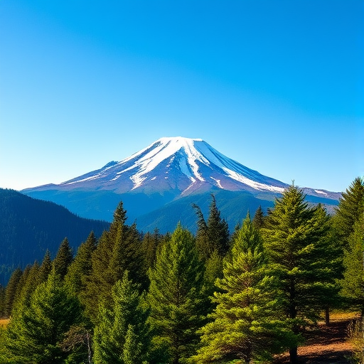 A majestic mountain landscape with a snow-capped peak under a clear blue sky, surrounded by lush green pine trees in the foreground, captured with a Canon EOS R5 using a 24-70mm f/2.8 lens at f/8, ISO 100, shutter speed 1/250s, in a wide-angle view for enhanced depth and clarity.