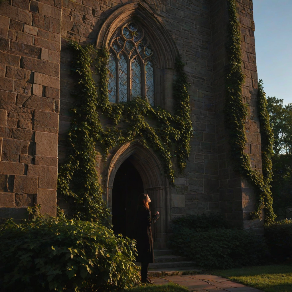 Old stone church at twilight, with ivy climbing its walls, a woman stands in front of the entrance, her silhouette framed by the last light of day as she gazes up at the stained-glass windows.