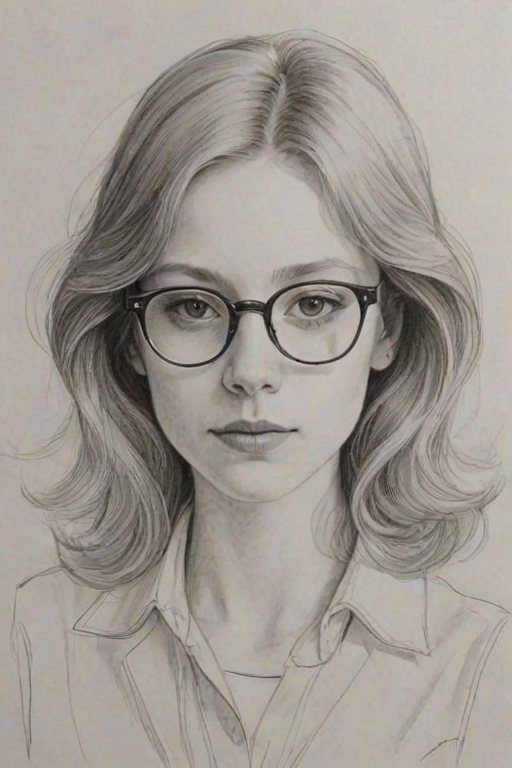 Charming Mina Sundwall, pencil sketch, portrait of Splendid woman 1975s in glasses, hair style beatnik, outline, clear lines, fine lines, 8k