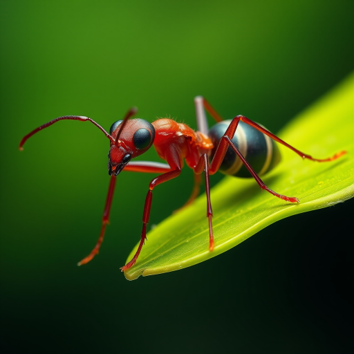 Generate a high-resolution illustration of an ant perched on a green leaf, macro lens, f-stop 2.8, shutter speed 1/200s, ISO 100, with a focus on vibrant colors and intricate details, using a digital art style.