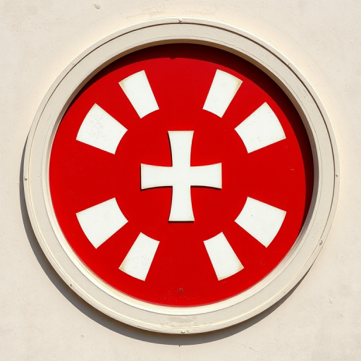 Create a high-resolution image of a circular design featuring a red and white color scheme, with the white cross prominently centered, using a DSLR camera at f/8 aperture, 50mm lens, ISO 100, in vibrant daylight, from a top-down view.